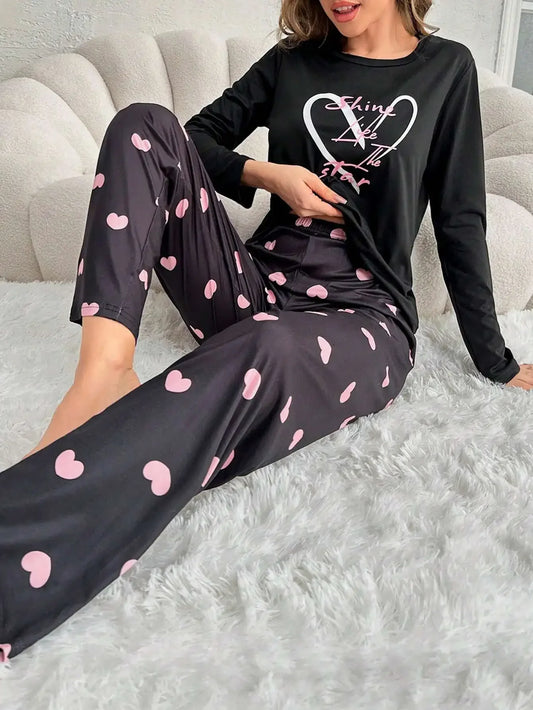 Heart & Slogan Print Long Sleeve Sleepwear Set