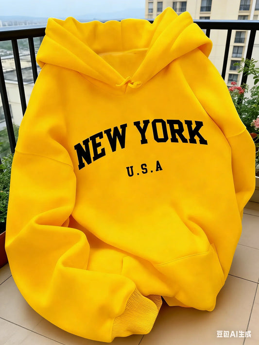 Hooded Casual Cut NEW YORK USA Lettering Casual HipHop Sweater
