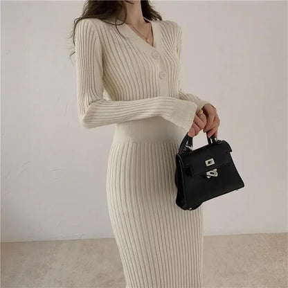 Elegant Long Slim Sweater Elastic Waist Hip Bottoming Korean Bodycon Dress