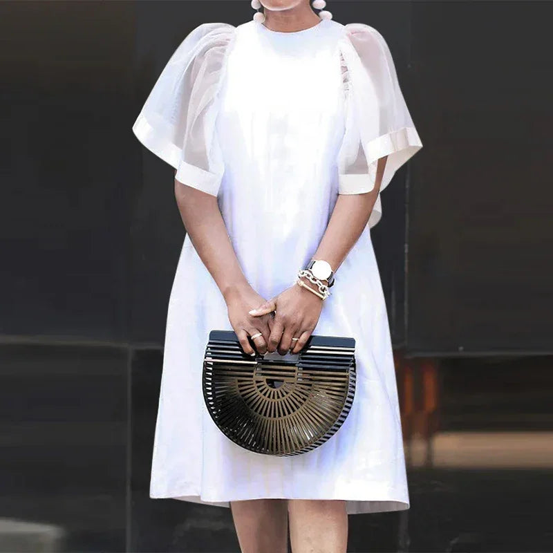 Mesh Patchwork Sundress Mini Ruffle Short Sleeve Dress