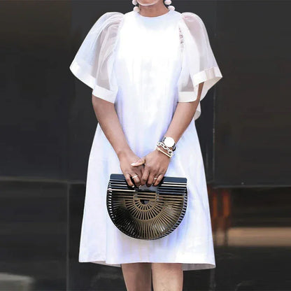 Mesh Patchwork Sundress Mini Ruffle Short Sleeve Dress