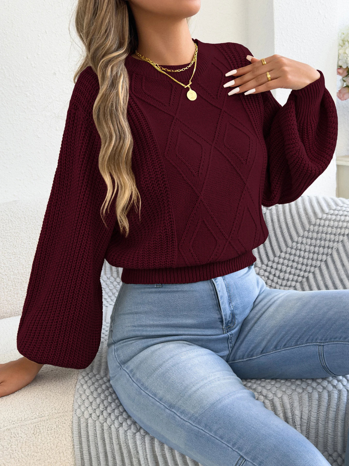 Round Neck Lantern Long Sleeve Knitted Sweaters
