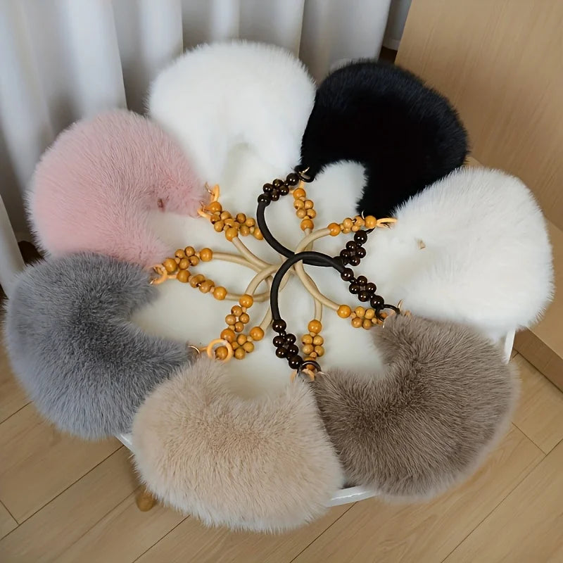 Plush Faux Tote Bead Accented Strap Zipper Closure Elegant Handbags