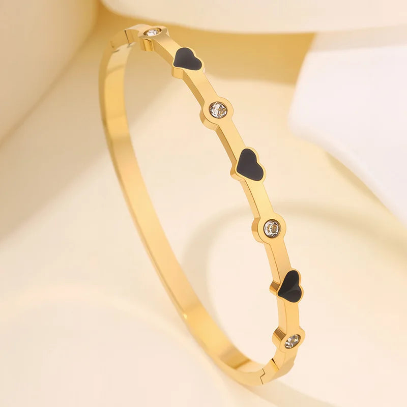 5/1pcs Golden Stainless Steel With Sparkling Black Zircon Bracelets