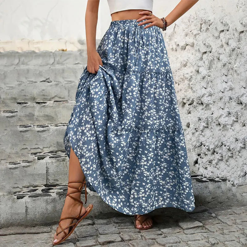 High Waist Floral Print  Maxi Skirt Long Ruffle Boho Skirt