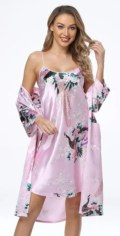 Floral Satin Kimono Robe and Nightgown Bathrobe Set