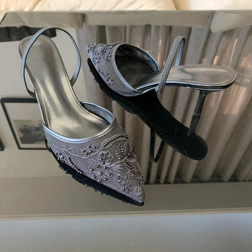 Flowers Back Strap Sexy Slingback High Heels Shoes