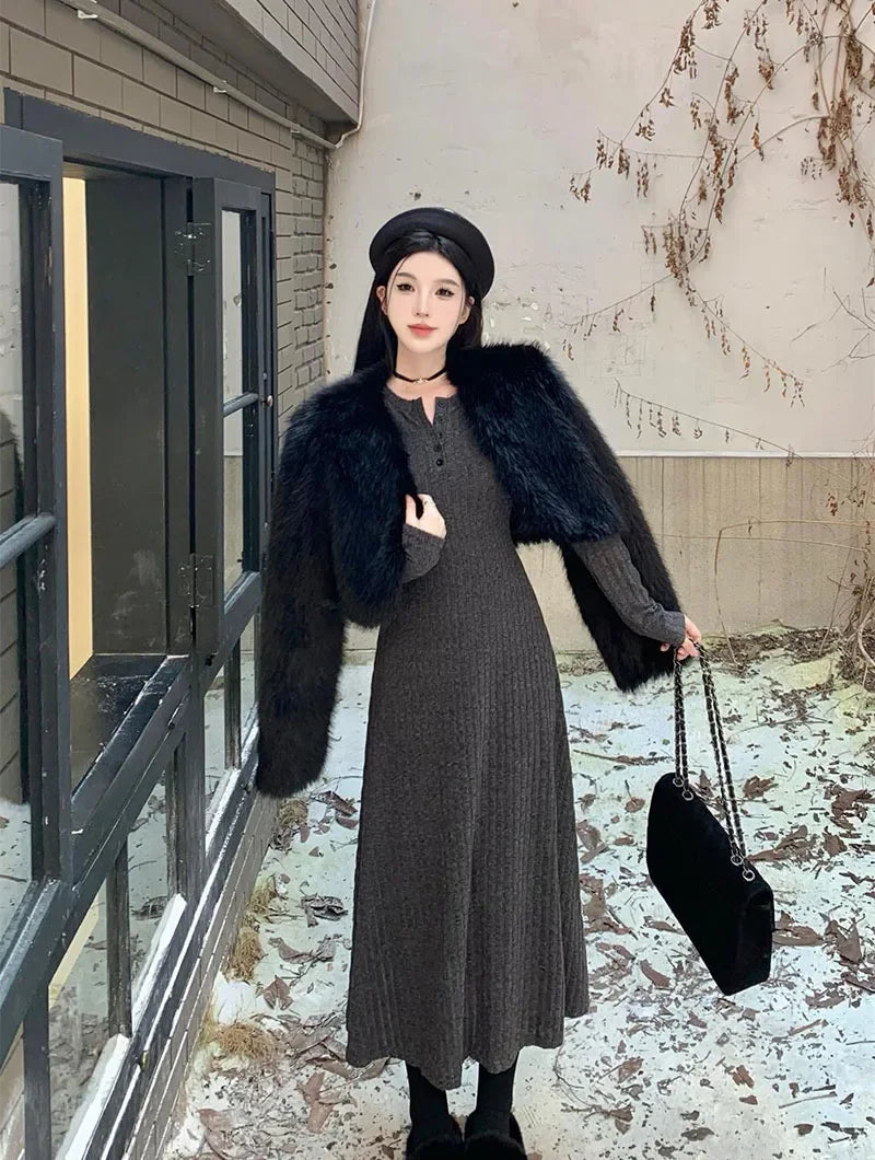 Elegant Slim High Waist Knit Long Sleeve Thick Warm Long Dress