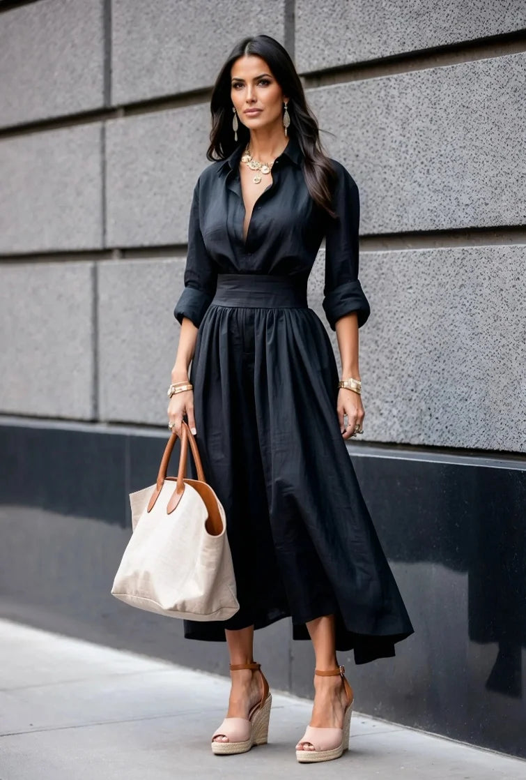 Long Sleeve Button Down Shirt with Collar Pleated A-Line Midi Skirt Dress