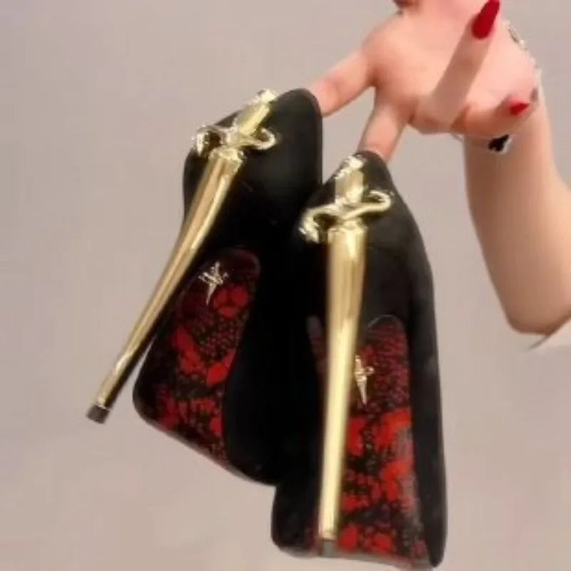 High Heels Pointed Metal Swords Sexy Queen Black Lacquer Leather Shoes