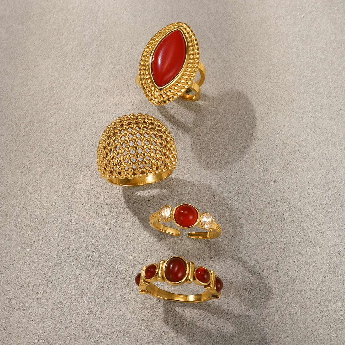Ars Red Agate Stone Rings 18k Gold Plated Stainless Steel Ring