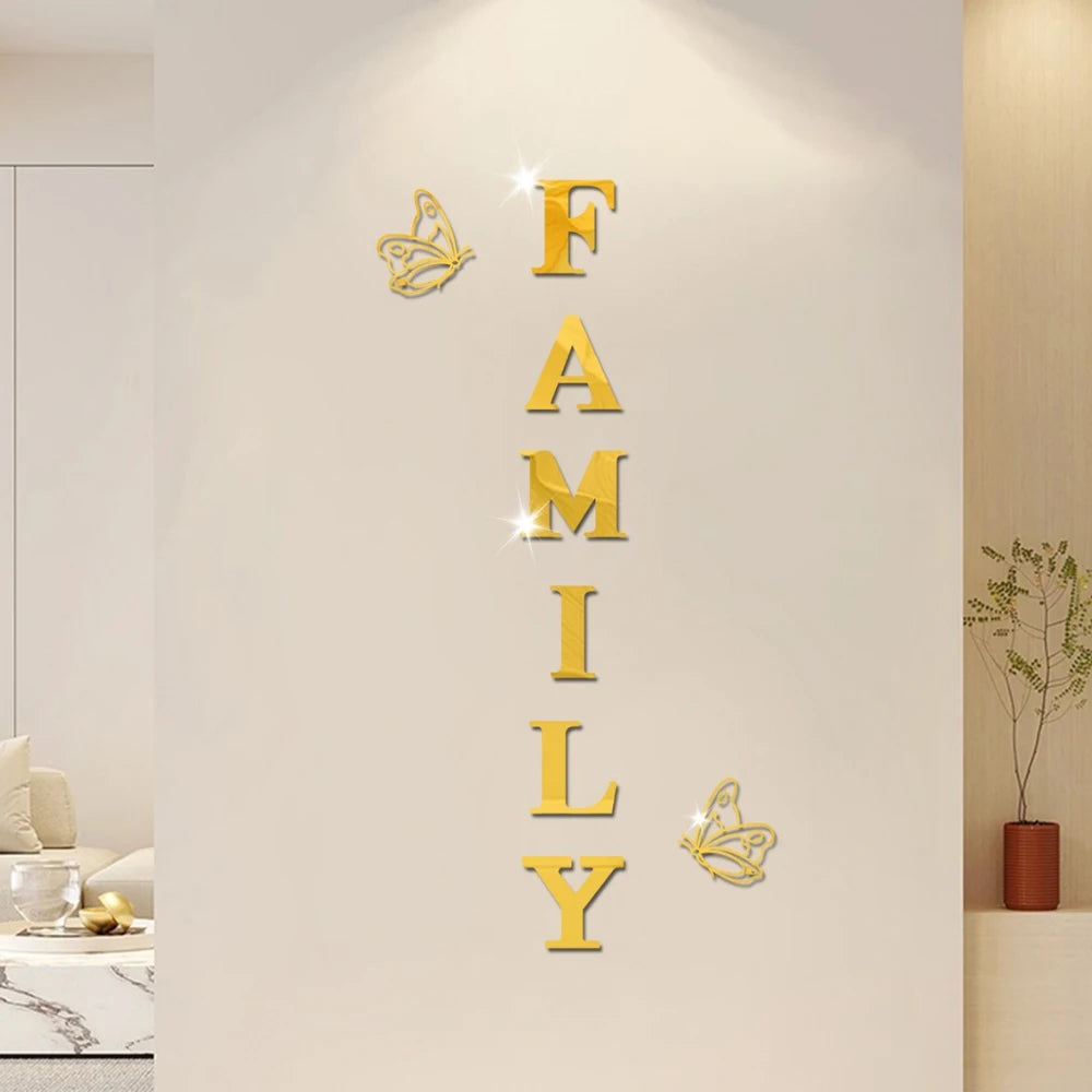 Two butterflies English Letters Family 3D Mirror Wall Stickers