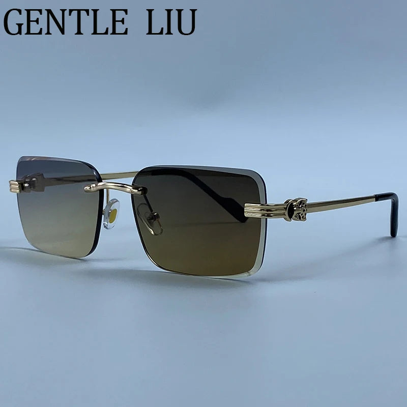 Rectangle Rimless Punk Luxury Metal Frame Sun Glasses