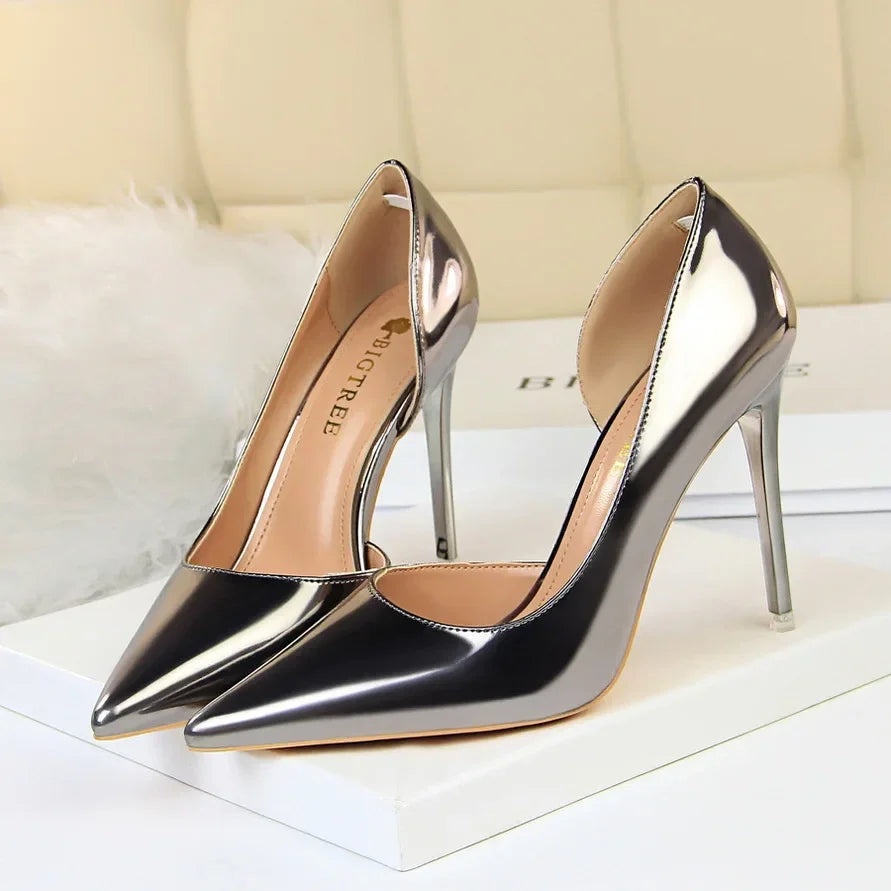 High Heels Pumps Metallic Leather Shoes