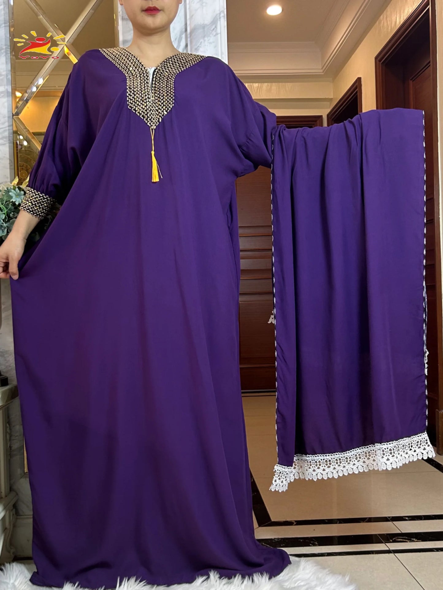 Muslim Long Sleeve Cotton With Big Scarf African Abaya