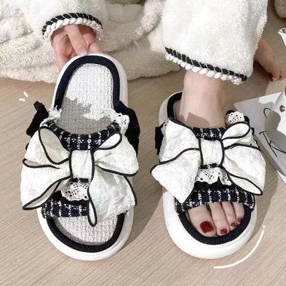Linen Cute Platform Black Bow Soft Slippers
