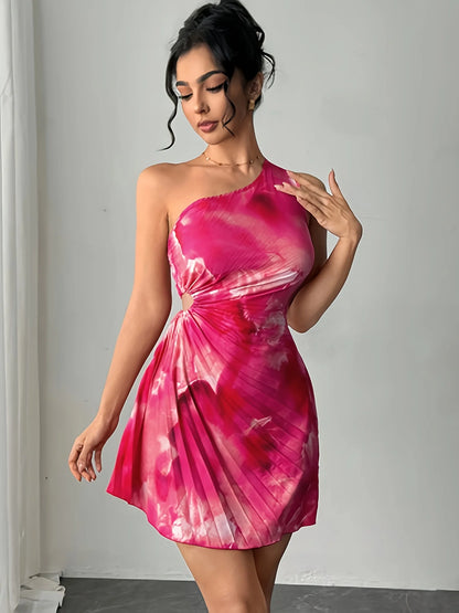 Elegant Ink Print Smudge Cut-out Waist Dress