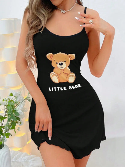 Little Bear Print Spaghetti Strap Sleep Dress