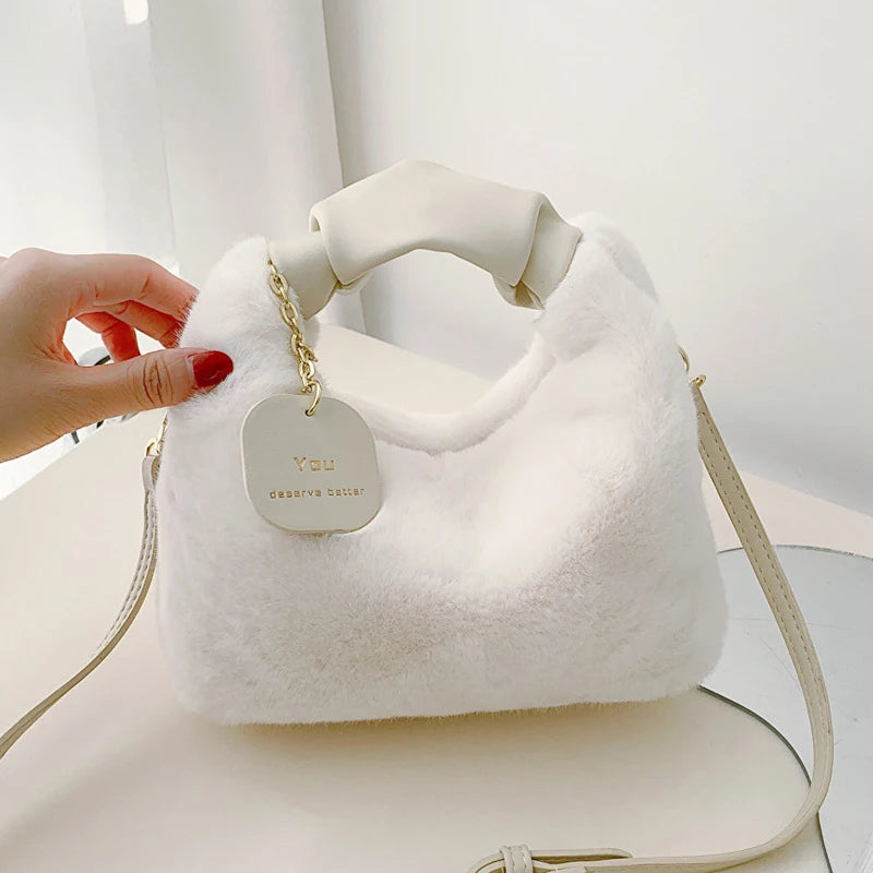 Faux Fur Plush Ruched Handle Small Shoulder Crossbody Bag