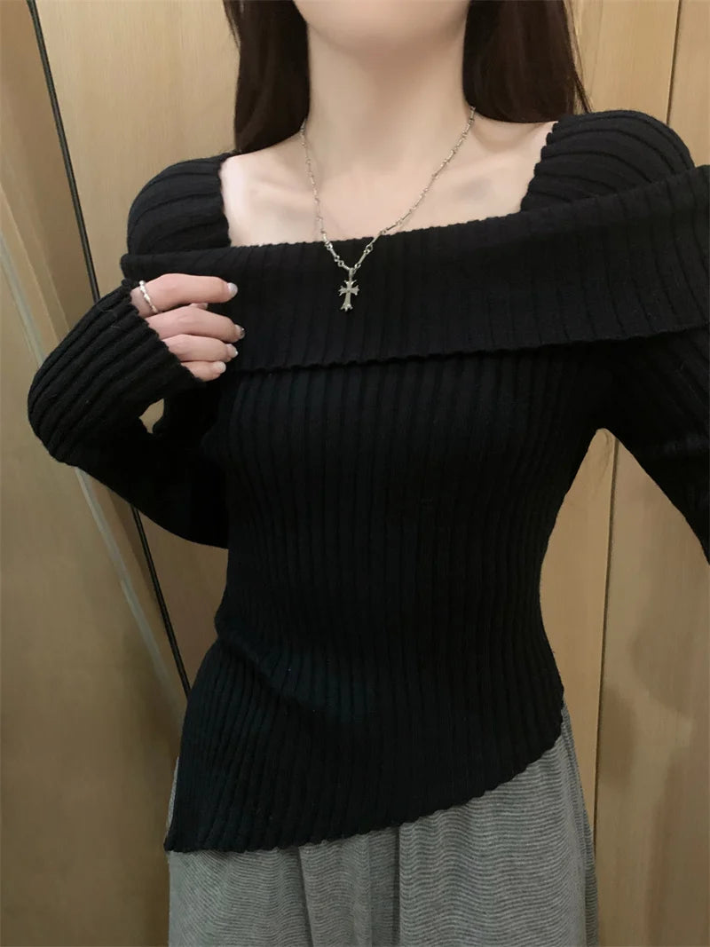Off Shoulder Sweater Long Sleeve Ribbed Knit Sweater Fitted Pullovers