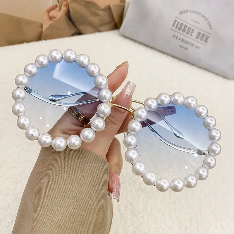 Luxury Pearl Metal Frame Round Sun glasses