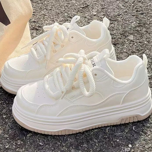 Round toe Lace-up White Thick-soled Vulcanized Flat-soled Sneakers