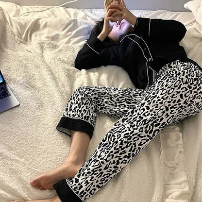 Korean Version Black Leopard Cardigan Thin Suit Set