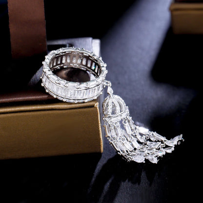 ThreeGraces Cubic Zirconia Long Tassel Charms Elegant Rings