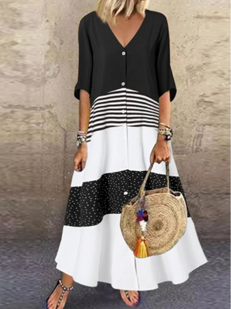 Short Sleeved V-neck Button Up Dress