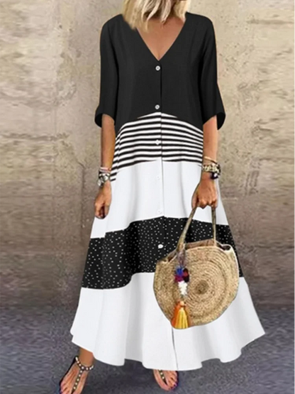 Short Sleeved V-neck Button Up Dress