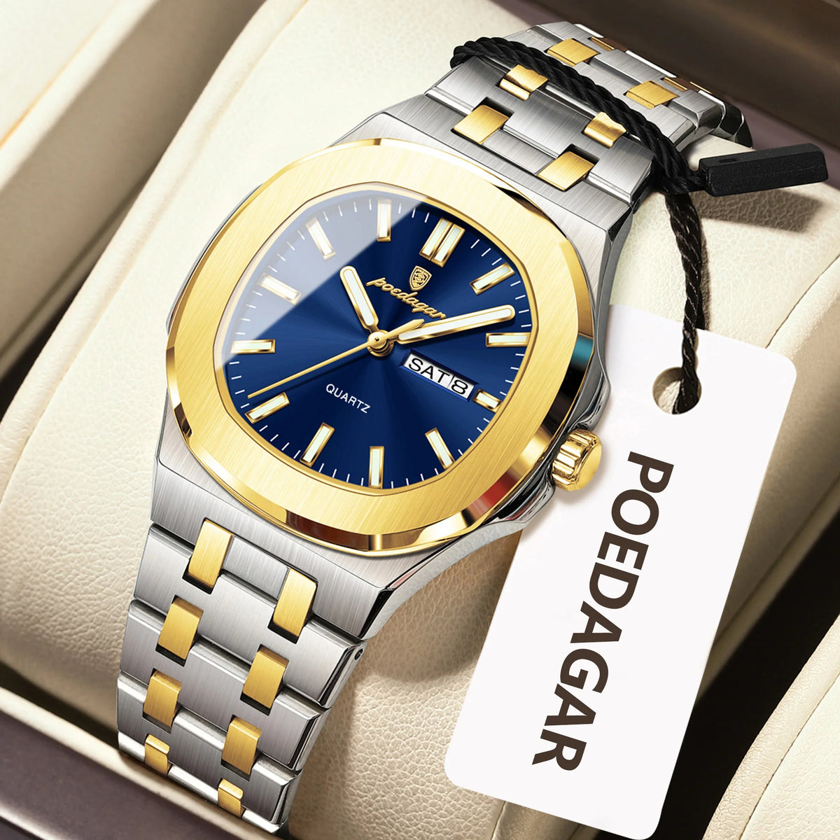 Square Date Week Waterproof Luminous Stainless Steel Quartz Watches