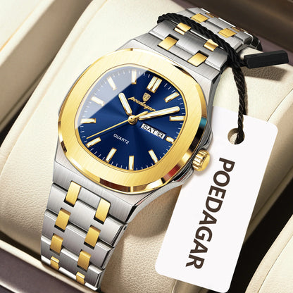 Square Date Week Waterproof Luminous Stainless Steel Quartz Watches