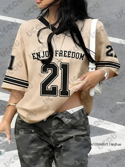 No.21 Print V-Neck Short Sleeve Sports Football Jersey Y2K Oversized T-Shirt