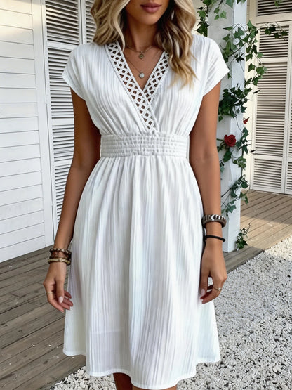 French Lace V-neck Fitted Short Puff Sleeves Dress