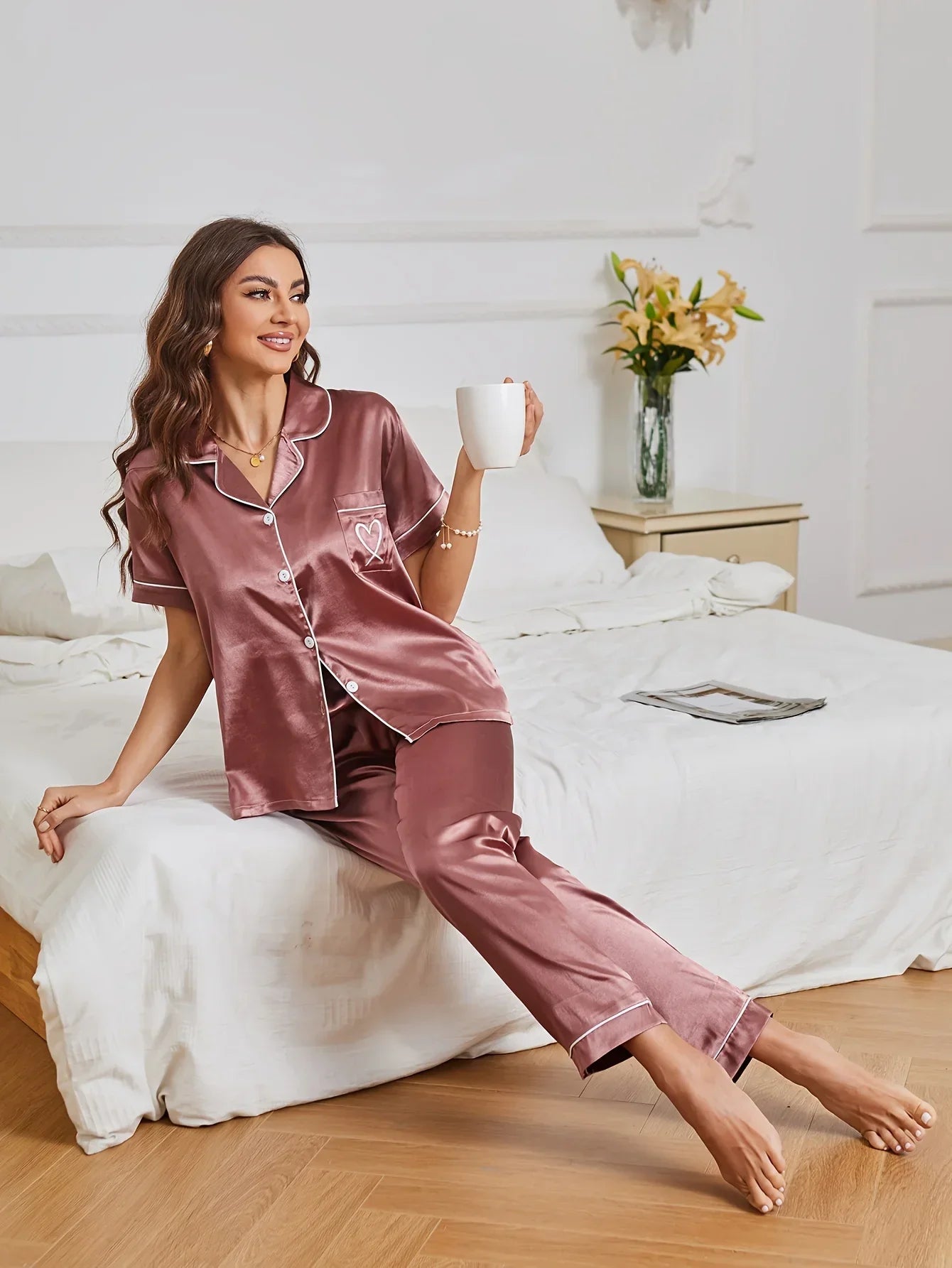 Heart Satin Short Sleeve Pyjama Set