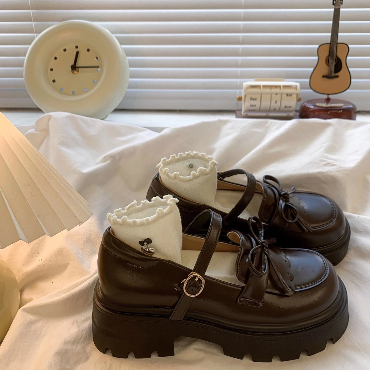 Black Leather Mary Janes Bow Thick Sole Casual Toddler Shoes