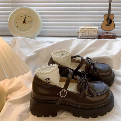 Black Leather Mary Janes Bow Thick Sole Casual Toddler Shoes