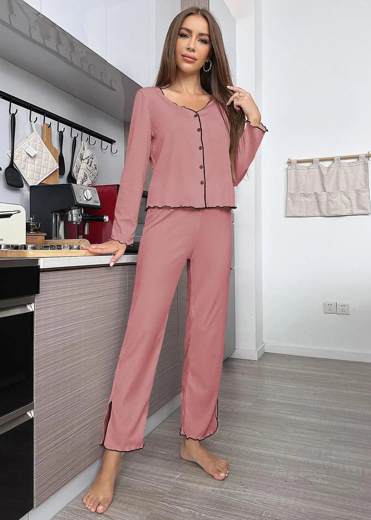 Pit strip cardigan long-sleeved loungewear Pajama Sets