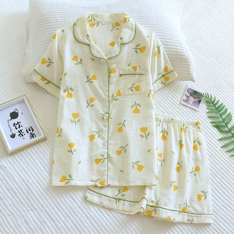 Japanese 100% Cotton Gauze Thin Short-sleeved Shorts Cute Cat Cartoon Pajama Set