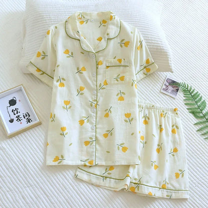 Japanese 100% Cotton Gauze Thin Short-sleeved Shorts Cute Cat Cartoon Pajama Set