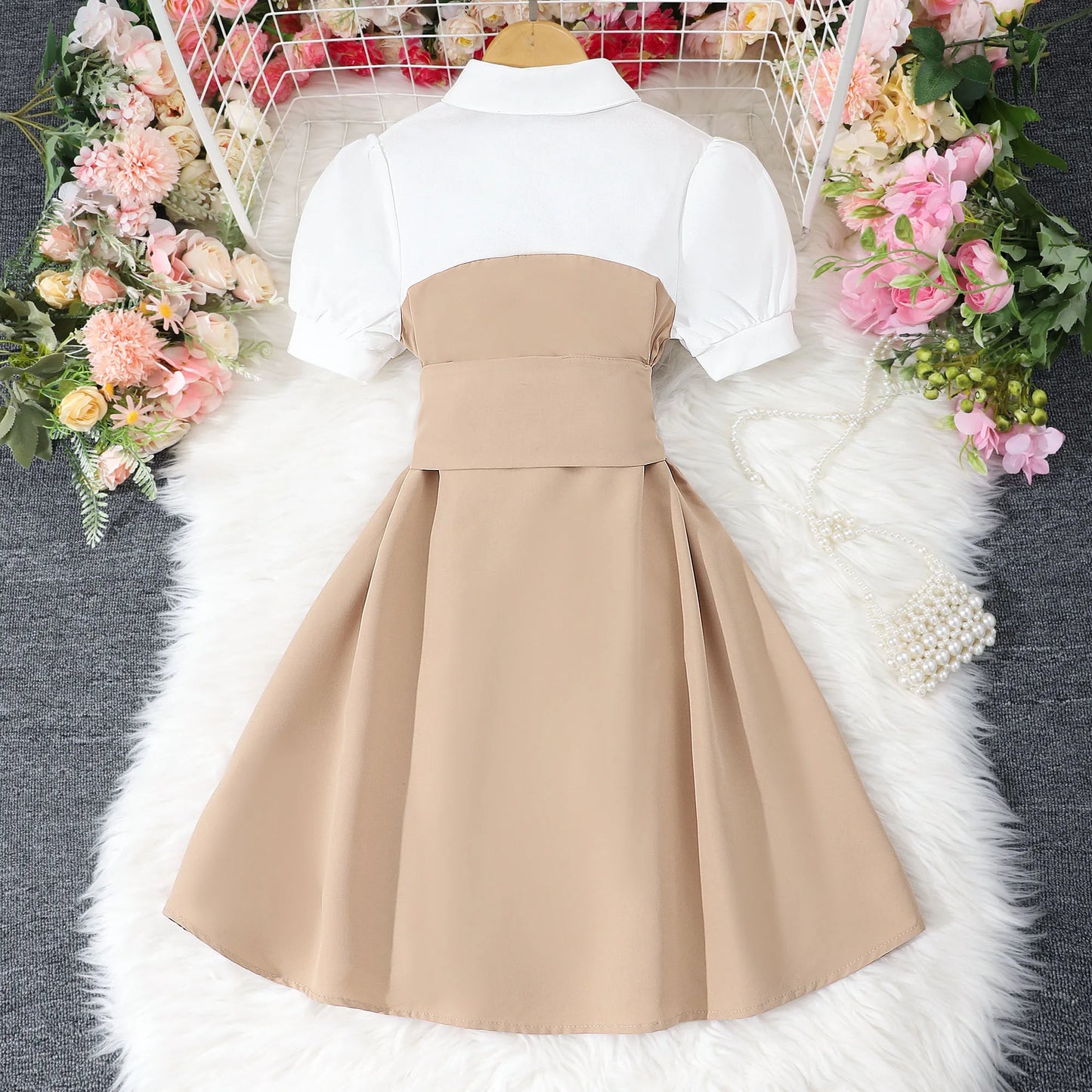 Khaki Casual Vacation Elegant Retro British Girls Party Dress