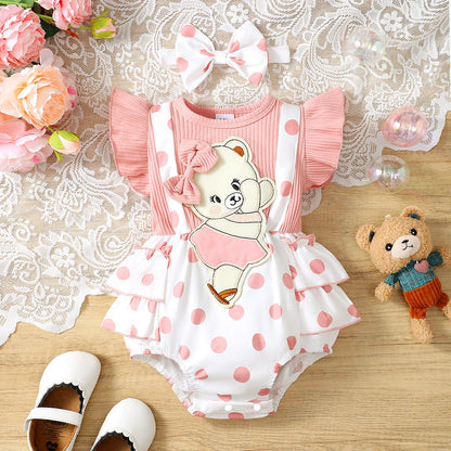 Polka Dot Flying Sleeve Cartoon Bear Overall Dress