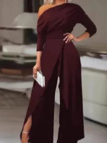 Off Shoulder Long Sleeves High Waist Wide Leg Jumpsuit
