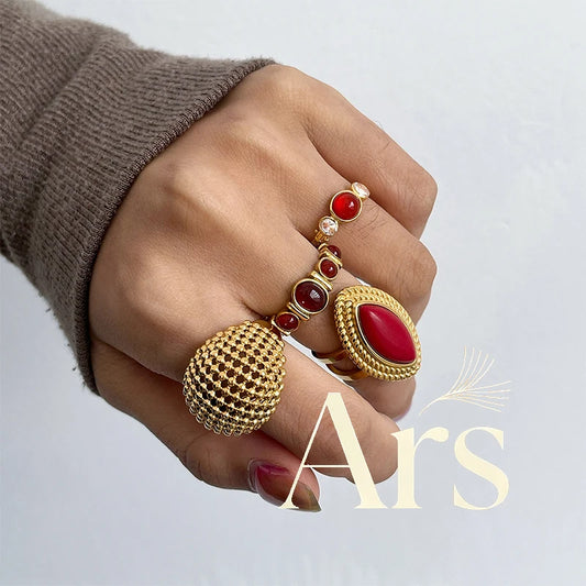 Ars Red Agate Stone Rings 18k Gold Plated Stainless Steel Ring