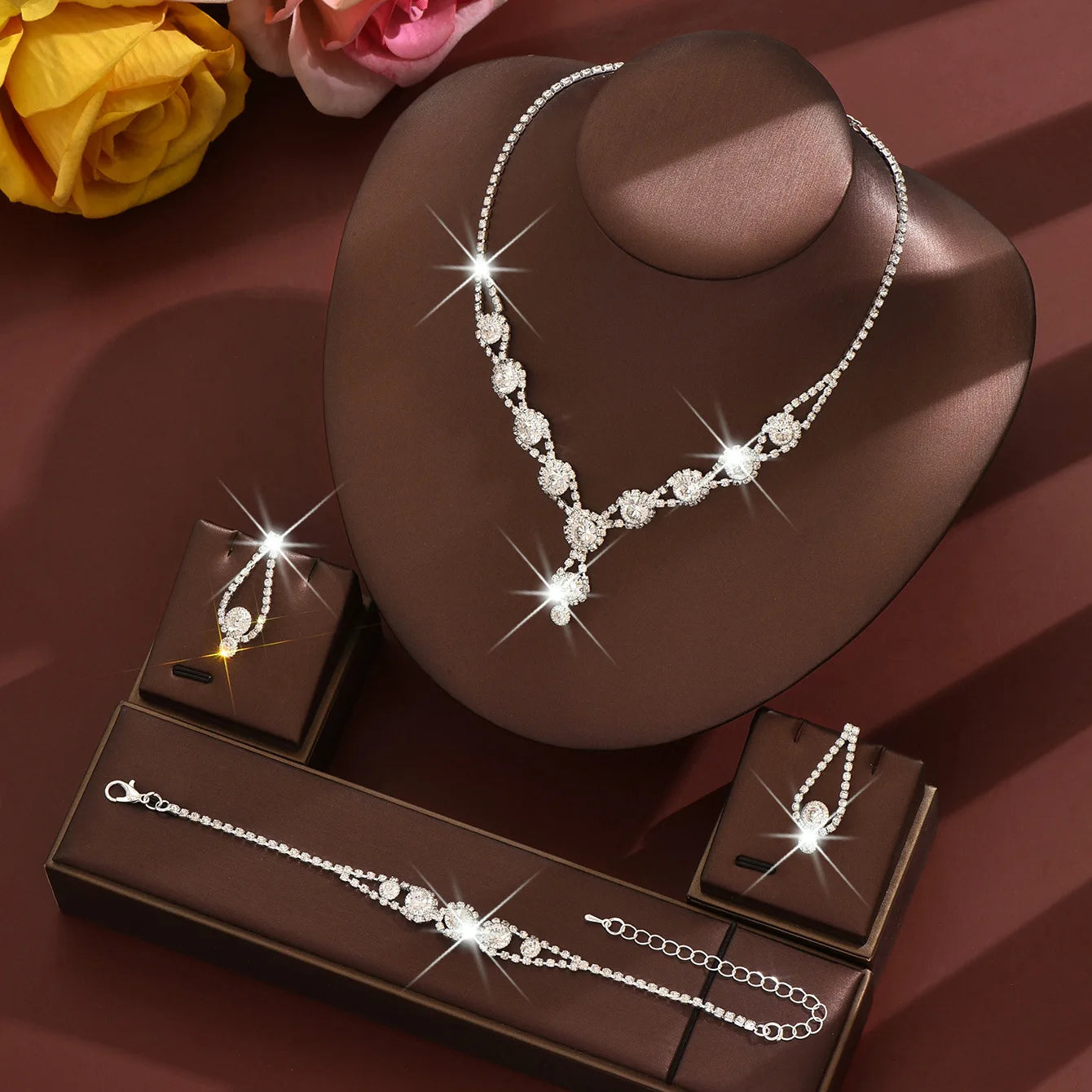4PCS Elegant Crystal Jewelry Rhinestones Necklace Sets