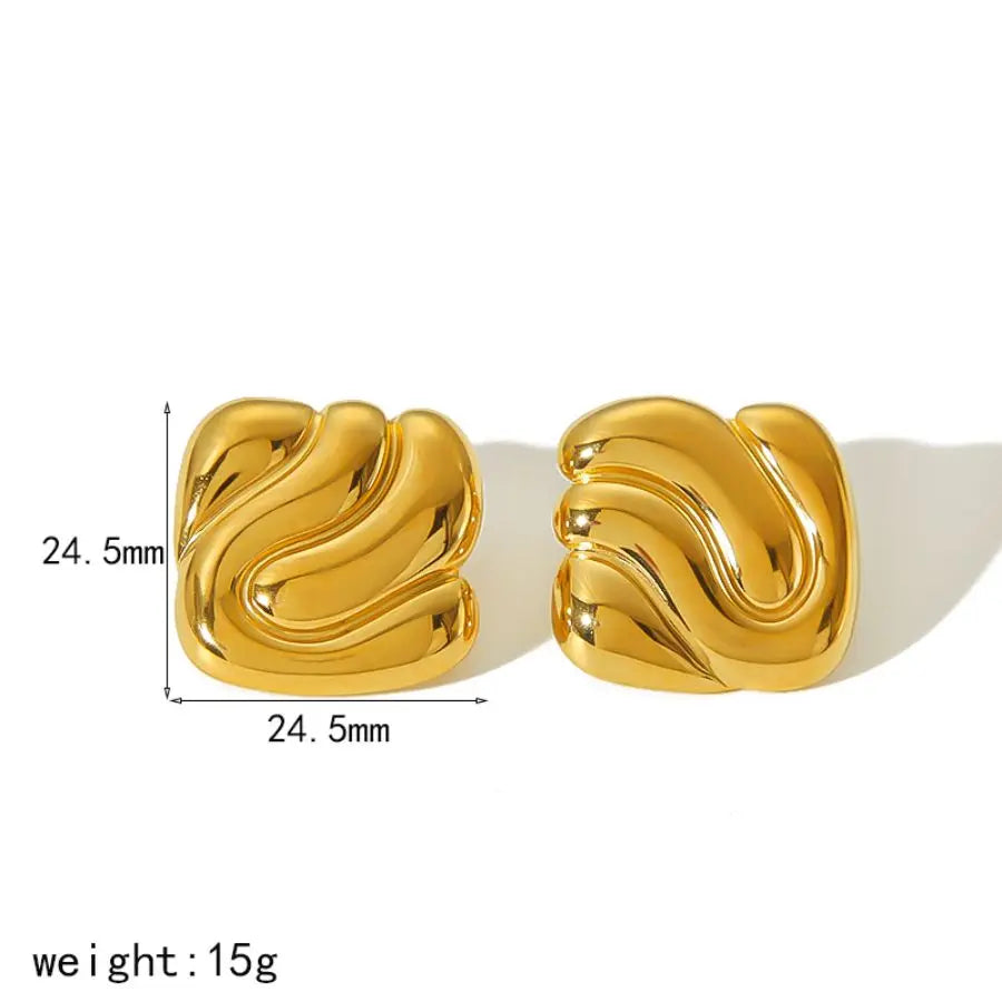 18k Gold Plated Wave Texture Stud Non Tarnish Waterproof Chunky Geometric Square Earrings
