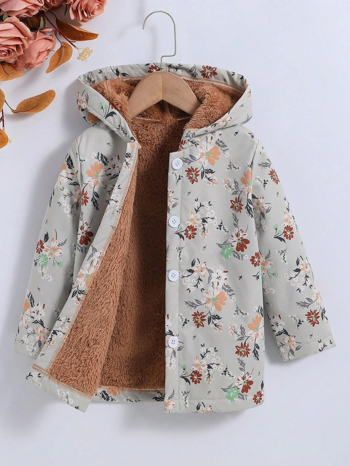 Fall/Winter Girls' Fleece Hooded Single-Breasted Floral Print Coat