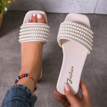 Flat artificial pearl rhinestone slippers