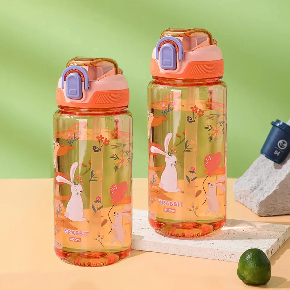 600ml Cartoon Animal Water Bottle Portable Safety Lock Cute Straw Cup