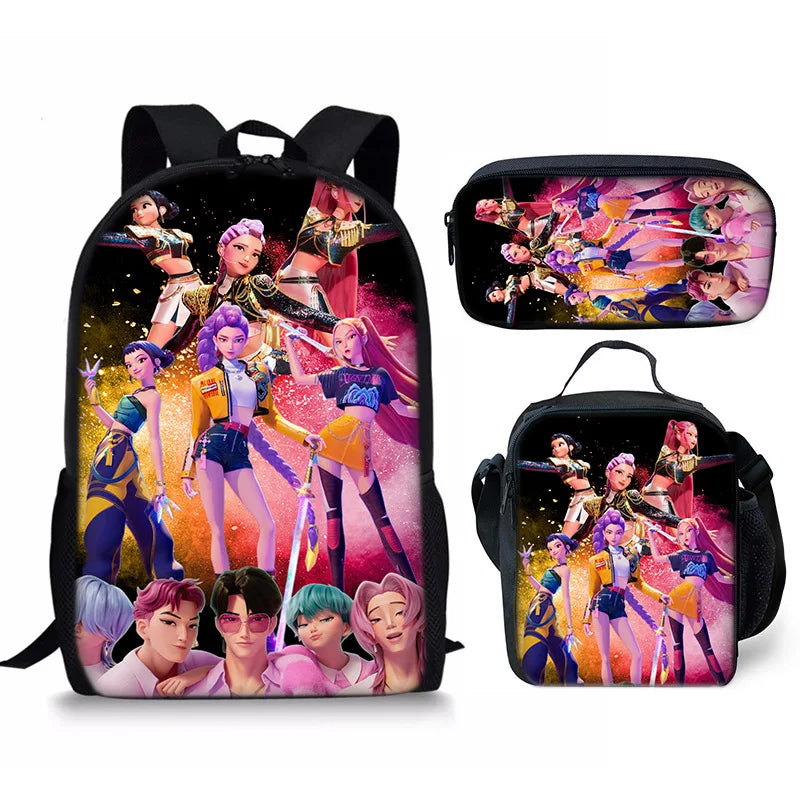 KPop Demon Hunters School Bags Backpack With Lunch Bag & Pencil Bag